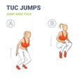 Tuc Jumps Exercise. Woman Home Workout Guidance.