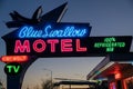 Close up of the Blue Swallow Motel neon sign, a famous classic Route 66 motel