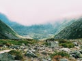 Tuckerman Ravine trail mountain range with fog