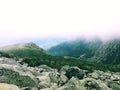 Tuckerman Ravine trail mountain range with fog
