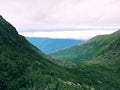 Tuckerman Ravine trail mountain range with fog