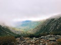 Tuckerman Ravine trail mountain range with fog