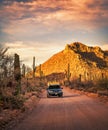 Road-trip through Saguaro National Park in Jeep Grand Cherokee. Royalty Free Stock Photo