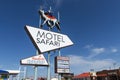 View of the roadside sign of the historic Safari Motel, along the US Route 66, in the city of Tucumcari