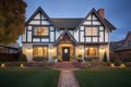 tudor home twilight shot, front gable lit by landscape lighting