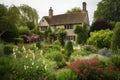 tudor house surrounded by lush gardens, with blooming flowers and shrubs