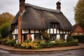 tudor house with a thatched roof and a vintage brick chimney Royalty Free Stock Photo