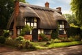 tudor house with a thatched roof and a vintage brick chimney Royalty Free Stock Photo