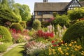 tudor house with view of manicured garden, surrounded by blooming flowers and shrubs