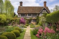 tudor house with view of manicured garden, surrounded by blooming flowers and shrubs