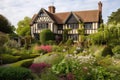 tudor house with view of manicured garden, surrounded by blooming flowers and shrubs