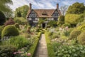 tudor house with view of manicured garden, surrounded by blooming flowers and shrubs