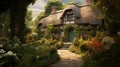 A Tudor-style cottage with a thatched roof, climbing roses.