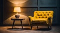 Tufted armchair and coffee table with lamp near yellow wall. generative ai Royalty Free Stock Photo