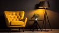 Tufted armchair and coffee table with lamp near yellow wall. generative ai Royalty Free Stock Photo