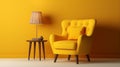Tufted armchair and coffee table with lamp near yellow wall. Interior modern living room. ai Royalty Free Stock Photo