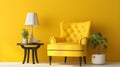 Tufted armchair and coffee table with lamp near yellow wall. Interior modern living room. ai Royalty Free Stock Photo