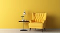 Tufted armchair and coffee table with lamp near yellow wall. Interior modern living room. ai Royalty Free Stock Photo