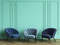 Tufted chairs in 3 differnt blue colors in classic interior with copy space