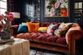 a tufted couch with patterned cushions in a living room