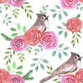 Tufted titmouse or Baeolophus bicolor bird on red and pink roses seamless watercolor birds painting background