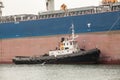 Tug boat assisting huge ship