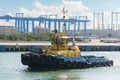 Tug boats awaiting big cargo ship in harbour for tug assistance, maneuvering, mooring operations