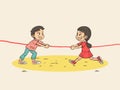 Tug of Fun - Illustration of Two Children Playing Tug of War Royalty Free Stock Photo