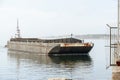 Tug Lyman and barge Cap`n Sam on foggy morning Royalty Free Stock Photo