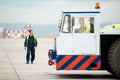 Tug pushback tractor in the airport.