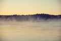 The tug sailing in the fog early in the morning. Royalty Free Stock Photo