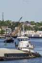 Tug Thuban pushing sand barge out of New Bedford harbor