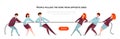 Tug war banner. Cartoon diverse people pulling the rope from opposite sides, teamwork and competition. Vector office