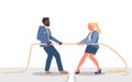 Tug of war between male and female employees, man vs woman pull rope in office conflict Royalty Free Stock Photo