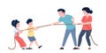 Tug of war of parents and children. Family struggle and pulling rope. Competition or conflict metaphor, adult and kids