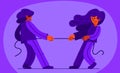 Tug of war struggle between young man and woman, vector illustration of a young people