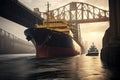 Tugboat assisting bulk cargo ship to harbor at sunset. 3D rendering, a cargo ship passing under a bridge, AI Generated Royalty Free Stock Photo