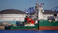 Tugboat Corpus Christi tow vessel and tank barge Petroleum Supplier at a wharf in the harbor of the Port of Los Angeles