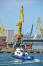 Tugboat and port cargo crane Royalty Free Stock Photo