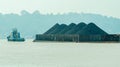 Tugboat drag barge full of coal crossing Mahakam River, Samarinda, in the morning. Royalty Free Stock Photo