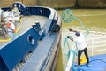 Tugboat inside the Miraflores locks on the Panama canal