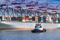 Tugboat passes by a docked shipped