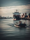 Tugboat push large cargo vessel to berth at port terminal. Port terminal operations and handling equipment, generative ai