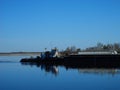 the tugboat sails along the Dnieper River