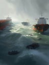 Tugs and rescue vessels attempting to haul a massive tanker back to safety as it slowly sinks in a raging sea.. AI