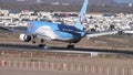 TUI Airlines Belgium flight. Boeing 767 performing landing rollout on the runway