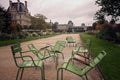 The Tuileries, Paris in fall: Serene green chairs await visitors on cultural trip. Travel concept