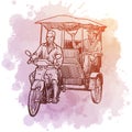 Tuk-Tuk driver typical Asian transport. Linear sketch on a watercolor textured background.