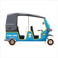 Tuk Tuk Asian auto rickshaw three wheeler tricycle blue. Thailand, Indian countries baby taxi. Vector illustration