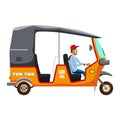 Tuk Tuk Asian auto rickshaw three wheeler tricycle with local driver. Thailand, Indian countries baby taxi. Vector